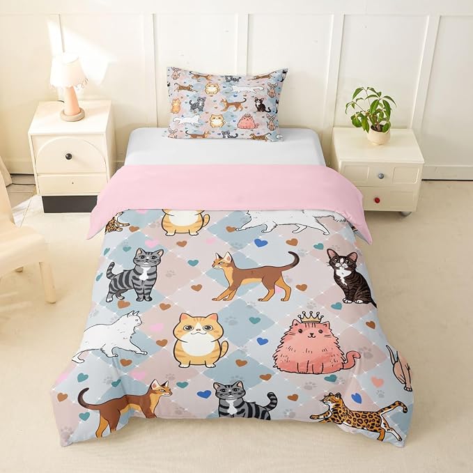 Erosebridal Cat Toddler Bedding Set Cute Kitten Duvet Cover Kawaii Pet Animals Comforter Cover for Kids Girls Boys Adults Hearts & Paw Pastel Argyle Patchwork Plaid Bed Set