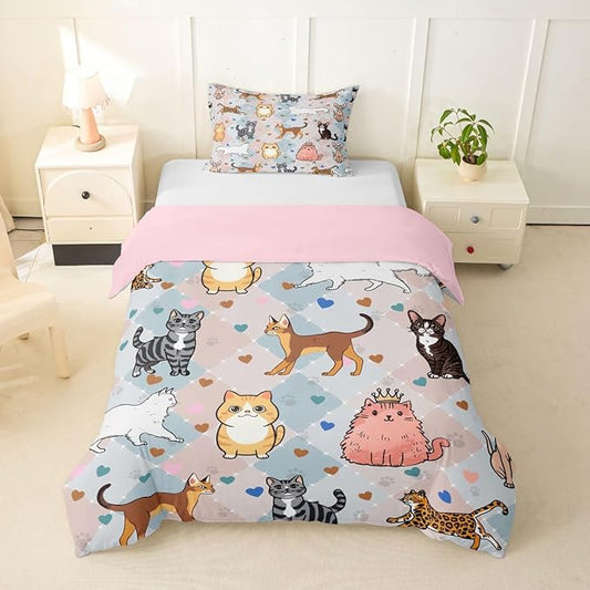 Erosebridal Cat Toddler Bedding Set Cute Kitten Duvet Cover Kawaii Pet Animals Comforter Cover for Kids Girls Boys Adults Hearts & Paw Pastel Argyle Patchwork Plaid Bed Set