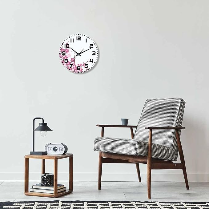 Flower Branches Wall Clock 10 inch Round Pink and Purple Silent Non Ticking Wood Wall Clocks Battery Operated Easy to Read Decorative Wall Clock for Bedroom Kitchen Living Room Bathroom