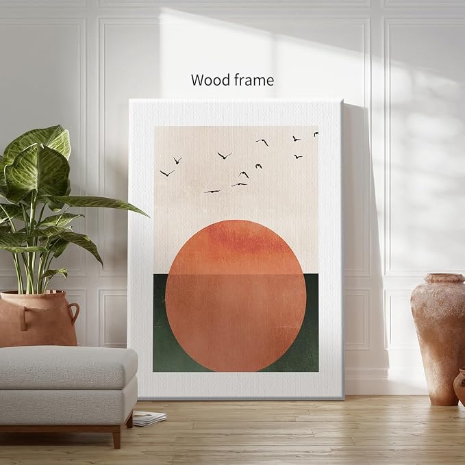Wrapped Framed Japanese Minimalist Sunset With Bird Wall Art Nature Geometric Abstract Poster Modern Mid Century Eclectic Canvas Prints for Living Room Gallery Home Decor 12x16 inch