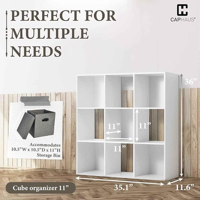 CAPHAUS Sturdy Room 11-Inch Cube Storage Organizer Shelf, with Thick Exterior Edge, Storage Shelf Divider w/Back, Bookcase, 9-Cube, White