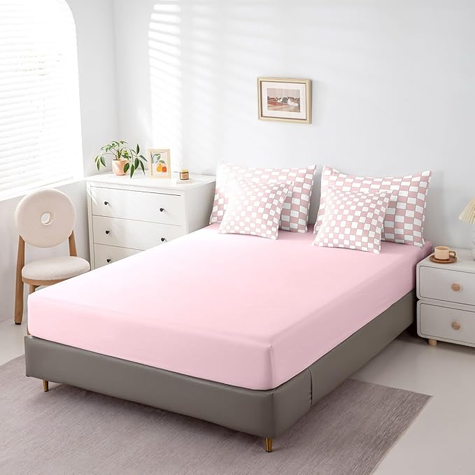 Erosebridal White Pink Plaid Queen Comforter Set with Sheets 7 Piece Light Pink Checkerboard Bedding Set for Kids Girls Teen,Checkered Grid Bed in A Bag Modern Aesthetic Geometric Bed Set