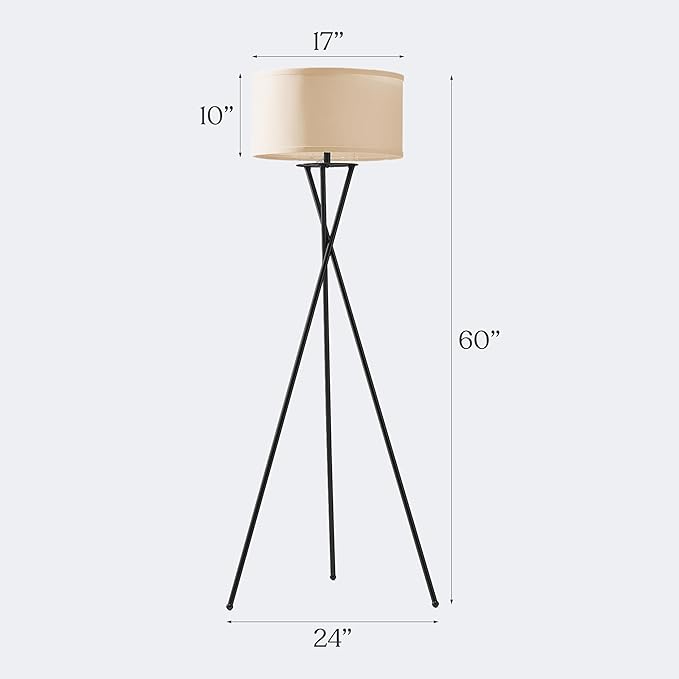 Brightech Jaxon LED Floor lamp, Modern Lamp for Living Rooms & Offices, Tall Lamp with Contemporary Drum Shade, Gold Tripod Standing Lamp for Bedroom Reading, Great Living Room Decor - Black