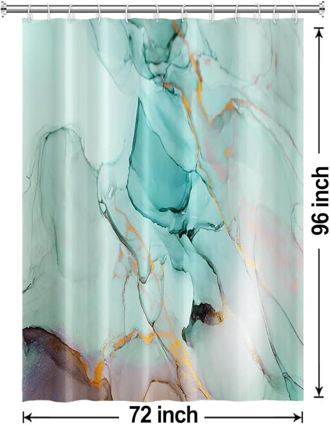 Turquoise Shower Curtain, Modern Teal Marble Shower Curtain for Bathroom Aesthetic Ink Texture Waterproof Shower Curtain Set with Hooks, 72x96 Inch