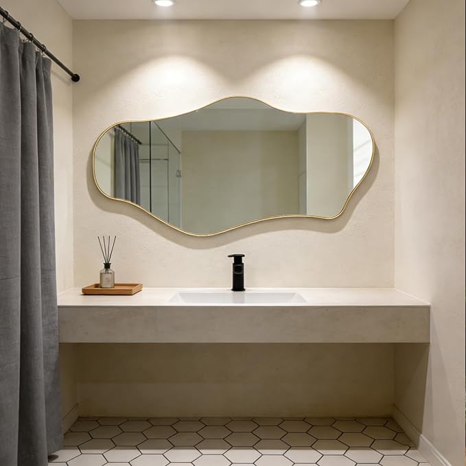 Irregular Wall Mirror, 47"x25" Large Asymmetrical Mirrors with Gold Metal Frame, Cloud Shaped Mirror, Modern Abstract Mirrors for Living Room Bathroom Bedroom Hallway Entryway Fireplace