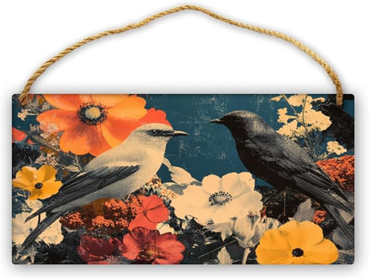 Black Bird in Red & White Flower Collage Wooden Sign 12x6 Inch - Eclectic Office Decor for Retro Lovers - Great Gift for Bold Home Accent Admirers
