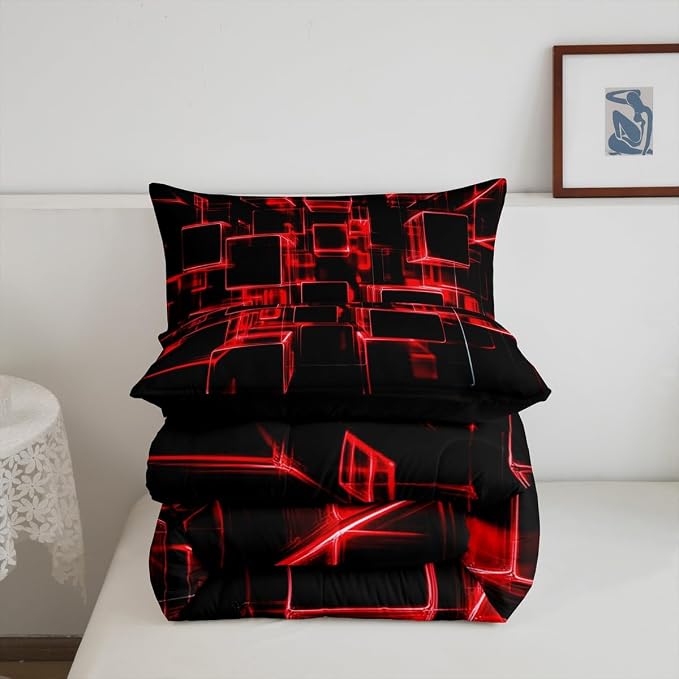 Erosebridal Fire Red and Black Kids Comforter Set Twin, Modern Geometric Square Bedding for Boys Girls Gradient Neon Light Honeycomb Duvet Set Soft Microfiber Quilt with 1 Pillowcase