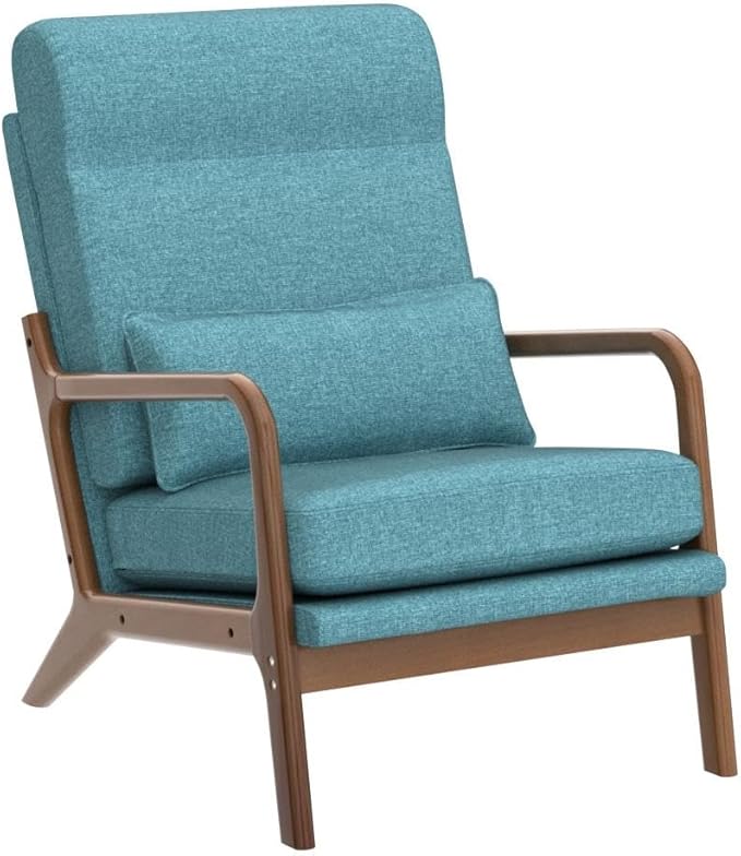 Karl home Accent Chair Mid-Century Modern Chair with Pillow High Back Linen Fabric Upholstered Lounge Arm Chair with Solid Wood Frame & Soft Cushion for Living Room, Bedroom, Balcony, Teal