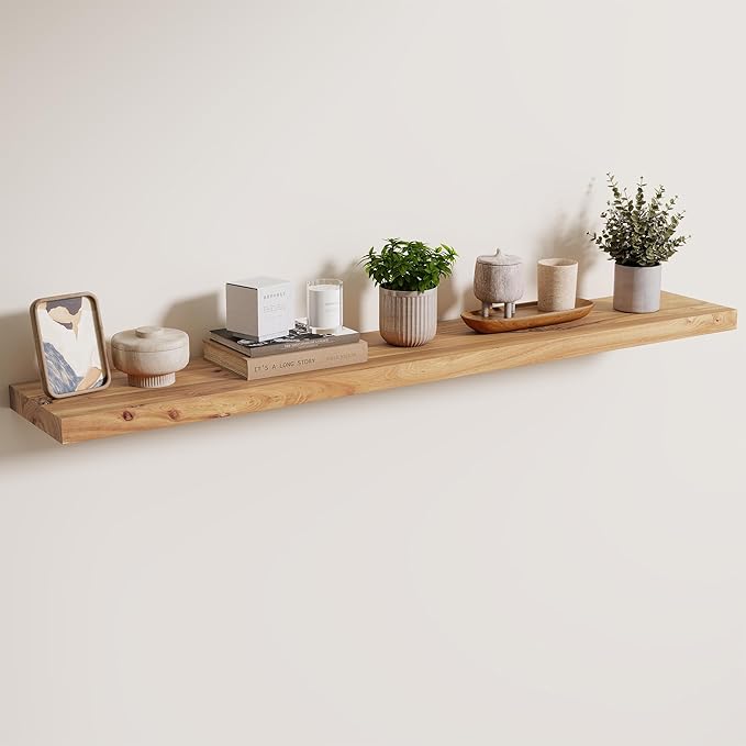 Axeman Rustic Elm Wood Floating Shelves for Wall, 48'' x 8" Deep Wall Shelf with Invisible Bracket, Large Long Wall Mounted Storage Shelves for Living Room, Bedroom, Kitchen, Bathroom Decor, Natural