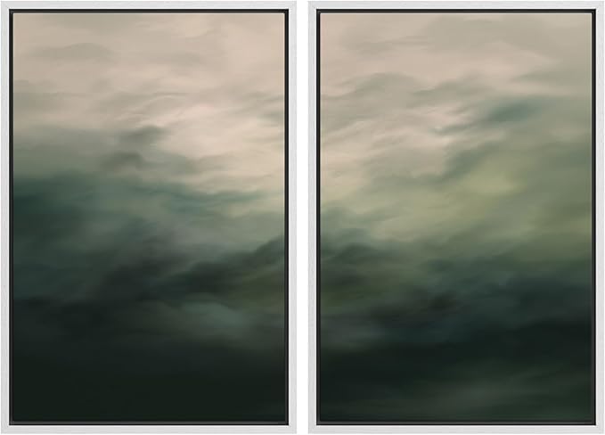 MUDECOR Framed Canvas Print Wall Art Dark Green Abstract Misty Landscape Moody Illustrations Modern Art Decorative Chic for Living Room, Bedroom, Office - 24"x36"x2 White