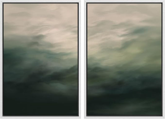 MUDECOR Framed Canvas Print Wall Art Dark Green Abstract Misty Landscape Moody Illustrations Modern Art Decorative Chic for Living Room, Bedroom, Office - 16"x24"x2 White