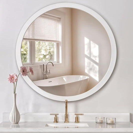 ARIEL Round Wooden Mirror 36" in White, Wood Circle Wall Mirror for Bathroom, Vanity, Entryway & Living Room Decor, Farmhouse Style