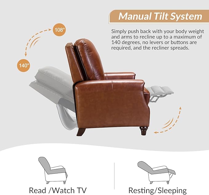 HULALA HOME Genuine Leather Manual Recliner Chair,Classic Push Back Reclining Armchair Sofa with Thick Seat, Adjustable Backrest & Nailhead Trim for Living Room Home Theater (Brown)