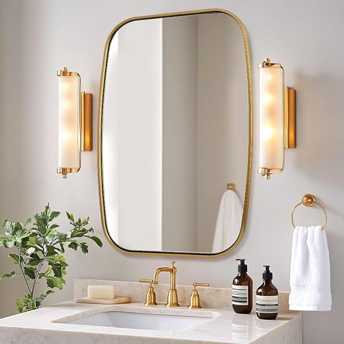 ANDY STAR Brushed Gold Oval Bathroom Mirror, 28x36 Inch Brass Oblong Mirrors for Wall, Modern Vanity Mirror in Stainless Steel Metal Tube Frame, Wall Mount Horizontal or Vertical