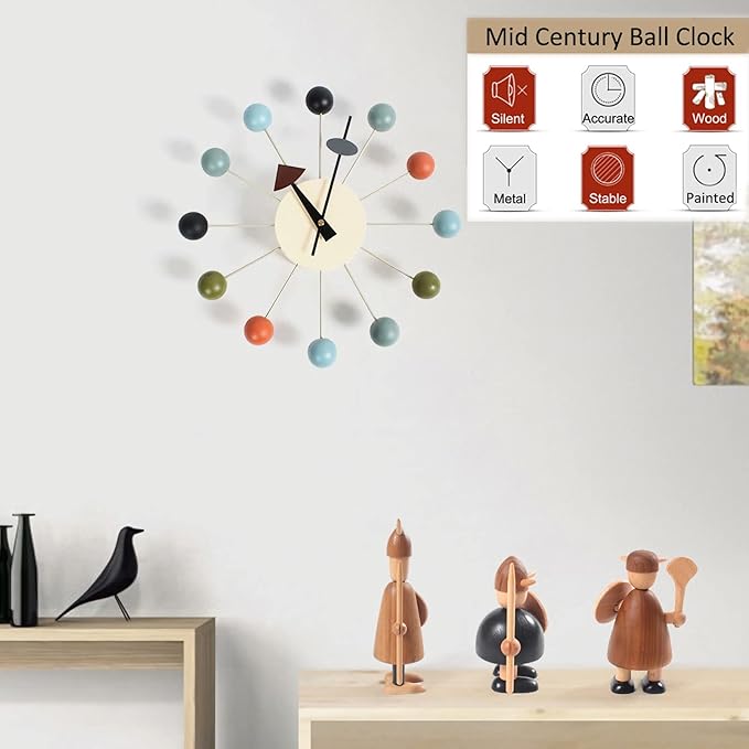SHISEDECO Ball Clock in Multicolor, Painted Solid Wood Non Ticking Decorative Mid Century Modern Silent Wall Clocks Retro Design for Home, Kitchen, Living Room, Office etc.