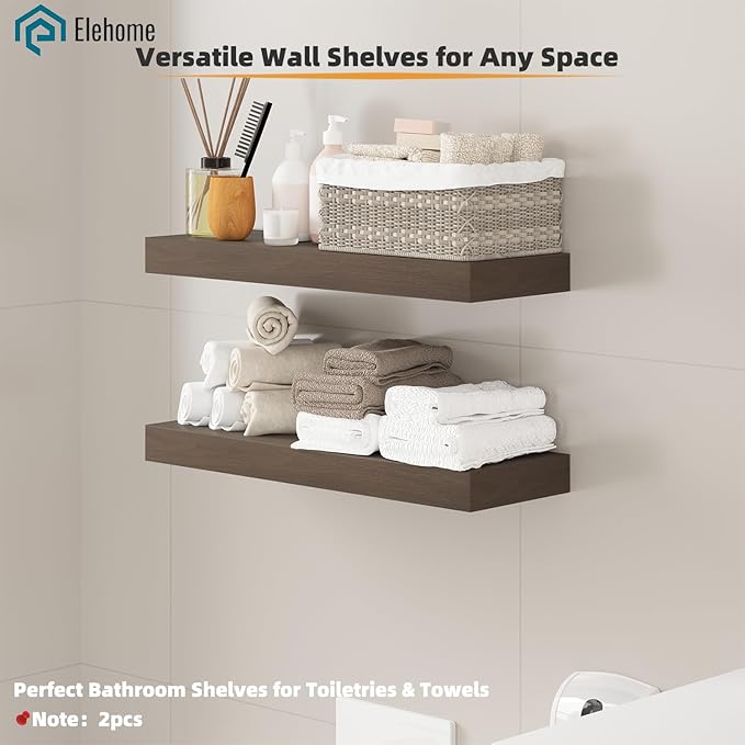 Floating Shelves Board for Wall with Brackets – 24" L x 10" W x 2" T Rich Walnut Melamine Wood Floating Shelves for Bathroom, Kitchen & Living Room Set of 2– DIY & Replacement