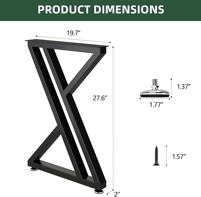 Metal Table Legs 28" H x 20" W Furniture Desk Bench Dining Table Legs with Adjustable Feet Z Shape Heavy Duty Desk Base Set of 2 Black