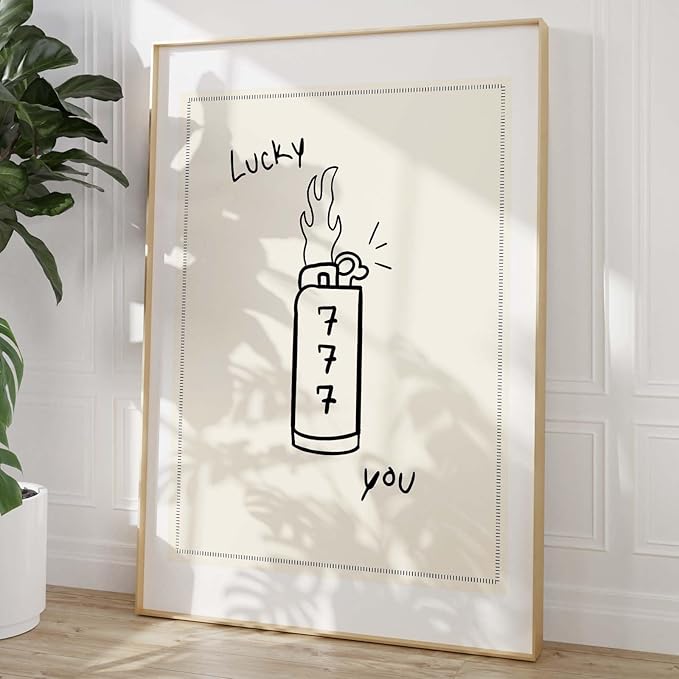 Lucky You Picture Funky Black and White Artwork Lighter Wall Art Retro Trendy Aesthetic Print Black and White Vintage Paintings Black Minimalist Poster Vintage Preppy Prints for Bedroom 16x24in