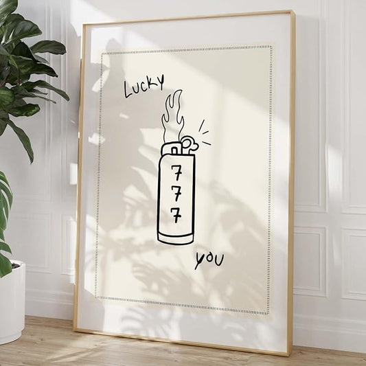 Lucky You Picture Funky Black and White Artwork Lighter Wall Art Retro Trendy Aesthetic Print Black and White Vintage Paintings Black Minimalist Poster Vintage Preppy Prints for Bedroom 16x24in