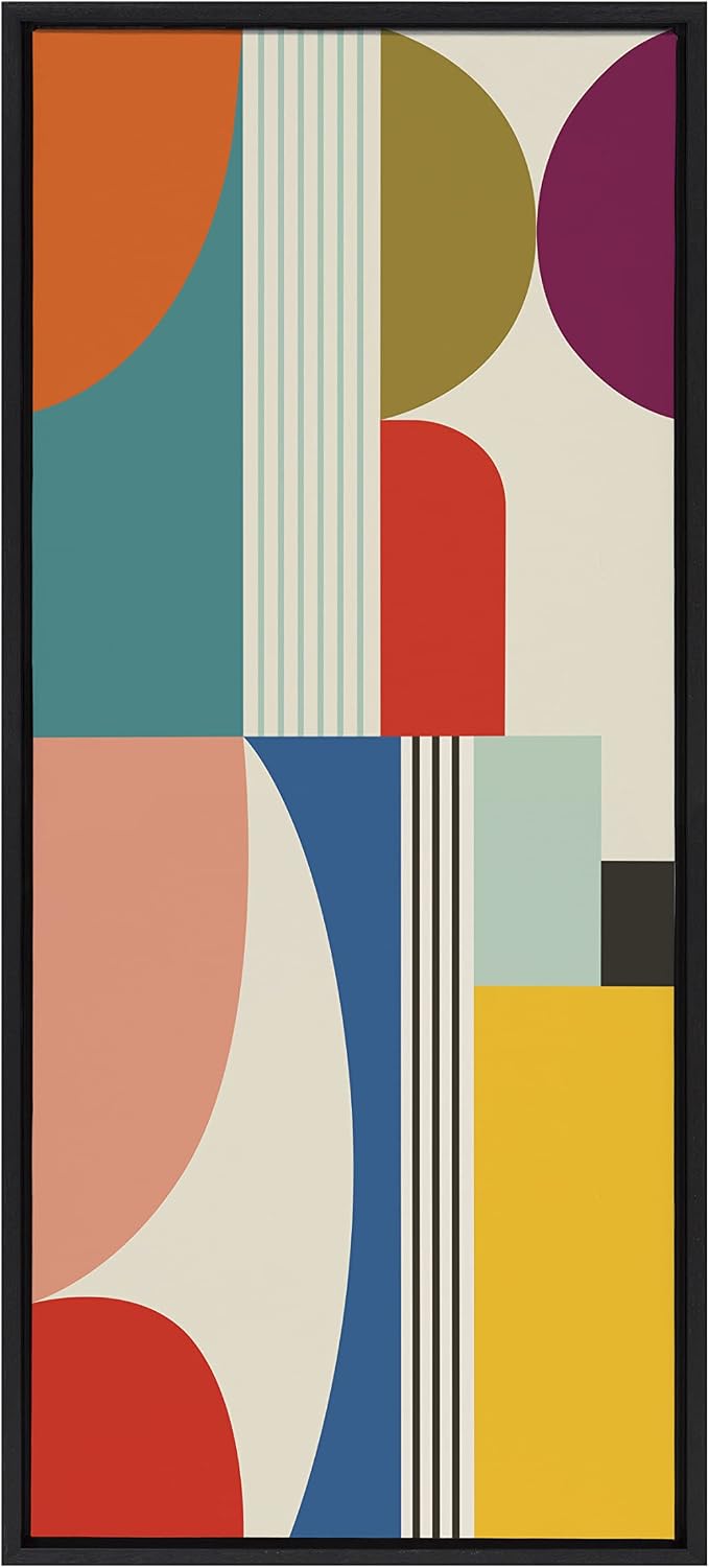 Kate and Laurel Sylvie Mid Century Modern Pattern Framed Canvas Wall Art by Rachel Lee of My Dream Wall, 18x40 Black, Colorful Abstract Art Print for Wall