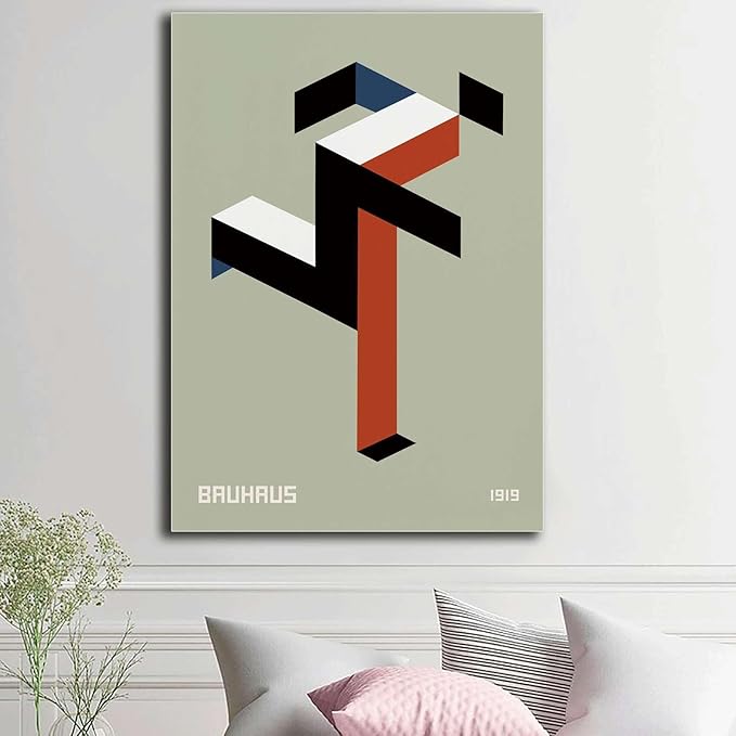 Printed Canvas Painting Wall Art Bauhaus Print 1919 Exhibition Poster Running Man Geometric Decor Modern Minimalist Abstract Sage Green Wall Art Kitchen and Dining Room Wall Decoration 8x12inch wood Frame