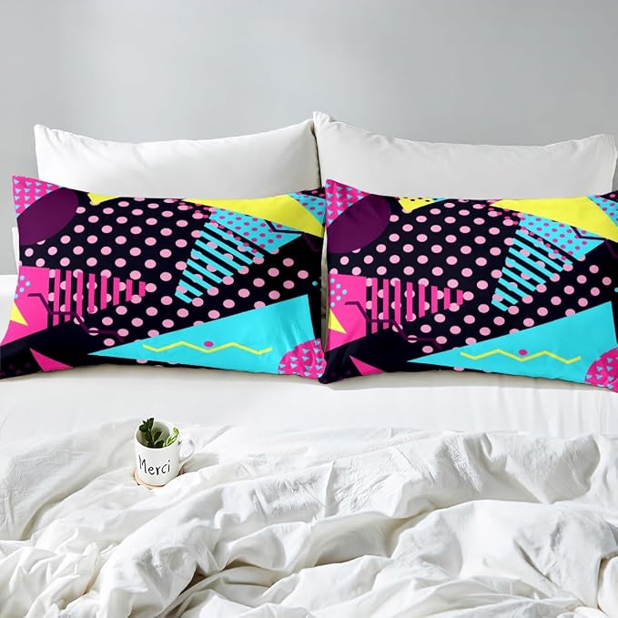 Memphis Duvet Cover Set Queen Size, Retro 80s or 90s Fashion Style Comforter Cover with 2 Pillowcases, Geometric Triangle Circle Bedding Set for Kids Boy Girls Lightweight Bedspread Cover,No Comforter