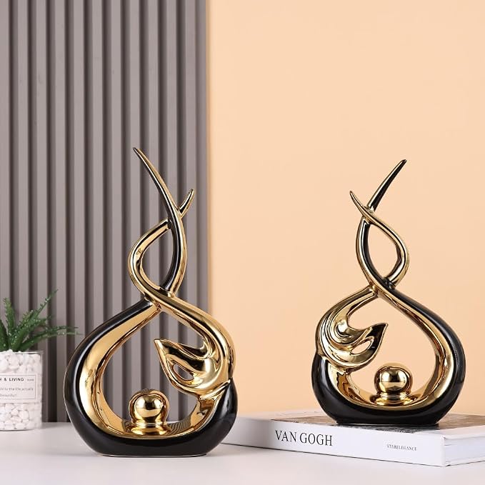 QIANLING Home Decor Modern Abstract Art Ceramic Statue - Black and Gld Ceramic Sculpture, Dining Table Centerpiece Decor, Decoration for Home Decor Living Room Entryway Table Bookshelf Mantle Shelf