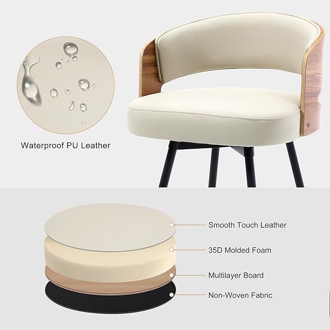 Swivel Bar Stools Set of 4, 26" Counter Height Bentwood Barstool, Upholstered Faux Leather Barstools with Walnut Back, Mid Century Modern Bar Chairs for Kitchen Island, Bar