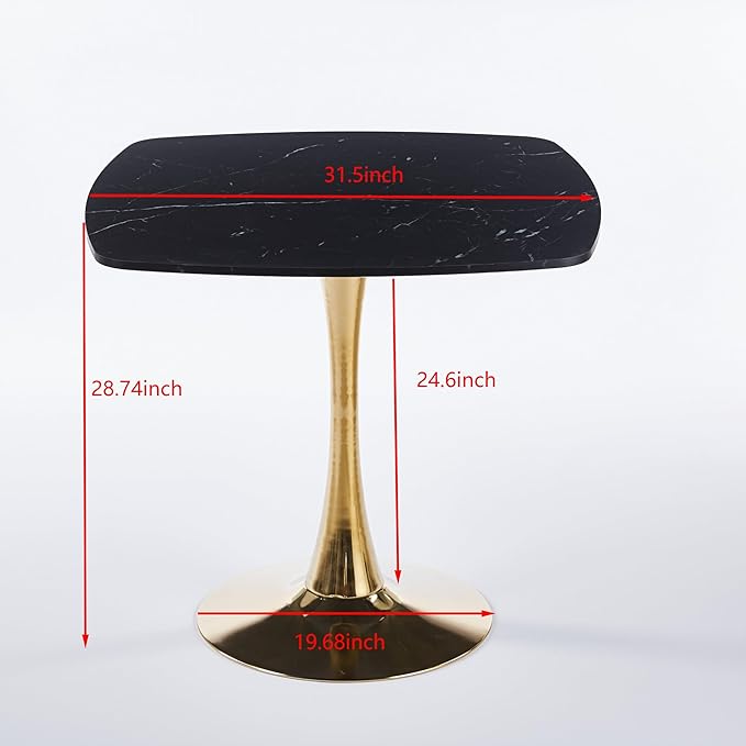 31.5 inches Square Dining Table for 4, Special Kitchen Table with Tulip Shape & Metal Pedestal Base, Mid Century Modern Bistro Black and Gold Tulip Table for Kitchen, Small Space, Cafe