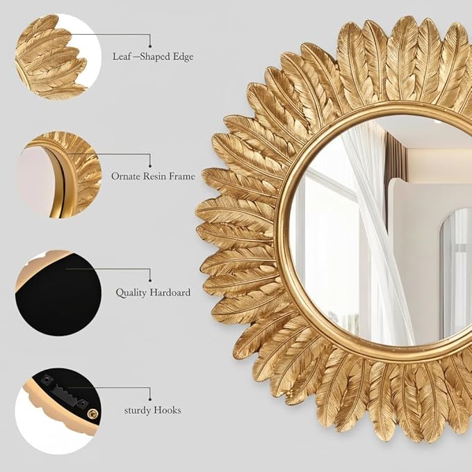 ZOROSY Gold Round Wall Mirror 12 inch - Small Wall Decorative Mirror, Boho Wall Decor Mirror for Dressing Table, Living Room, Entryway, Bedroom,Hallway,House Warming Gifts