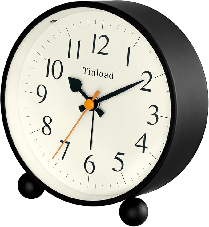 Tinload 4.5" Vintage Retro Analog Alarm Clock, Super Silent Non Ticking Small Clock with Manual Light, Snooze, Battery Operated, for Living Room, Bedroom, Bedside, Desk(Black)