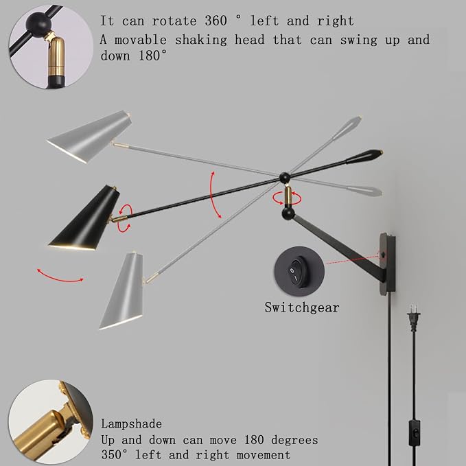 Adjustable Directional Plug in wall Light Swing arm, Unique Long Pole wall Lamps for Living Room Sofa Background Wall, Movable Retro Style Dining Table Large wall Mount lamp, E26 Base