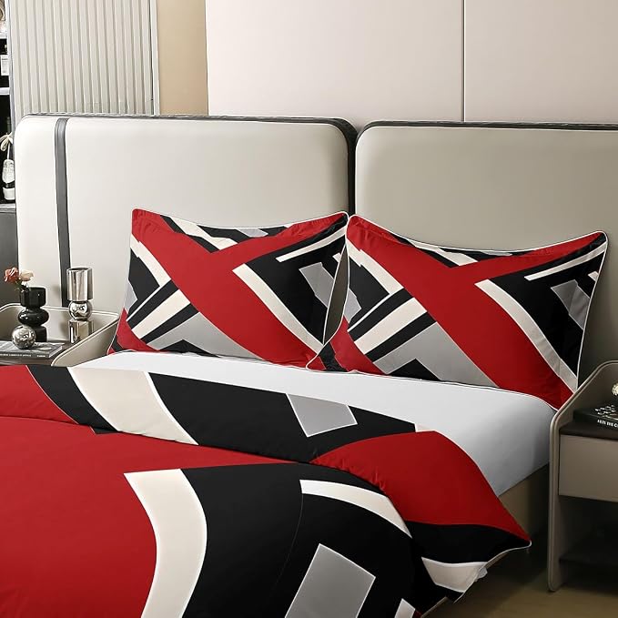 Erosebridal Red Black Grey Bedding Set King Geometric Triangle Stripe 100% Cotton Duvet Cover Simple Lines Comforter Cover for Kids Teens Adults Nordic Style Bed Set 3 Pcs