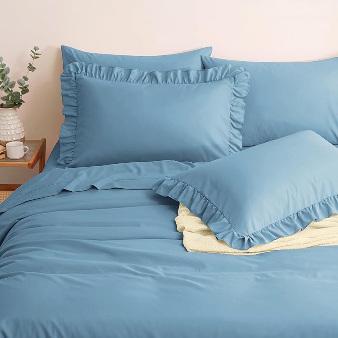 Horbaunal Blue Ruffle Sheets Queen Size 6 Piece, Fits 16" Deep Mattress, Microfiber Blue Queen Sheets with 2 Ruffled Pillowcases, Shabby Chic Queen Bed Sheet Set