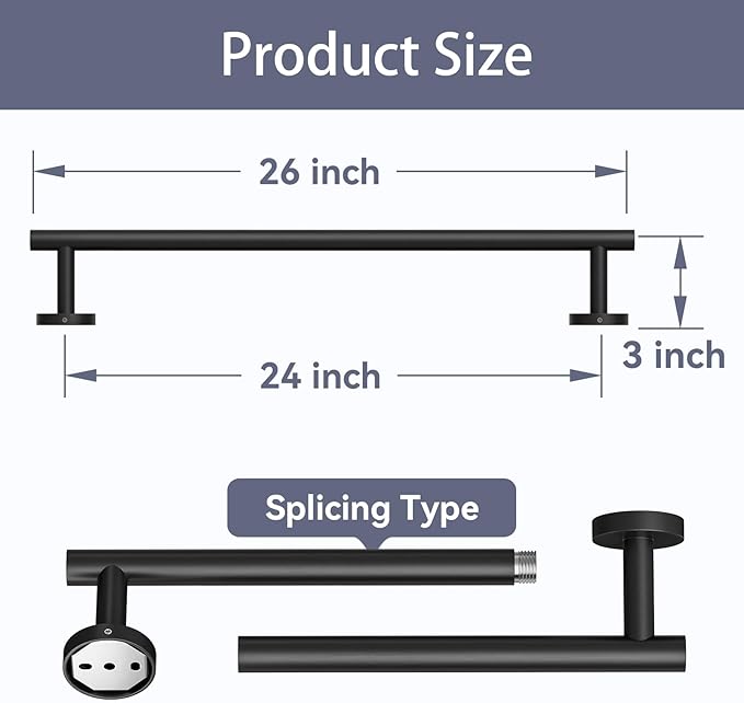 Matte Black Towel Bar, 24 Inch Bathroom Towel Rack (Total Length 26-Inch), Towel Holder Wall Mounted, Thicken SUS304 Stainless Steel Towel Rod Modern Home Decor