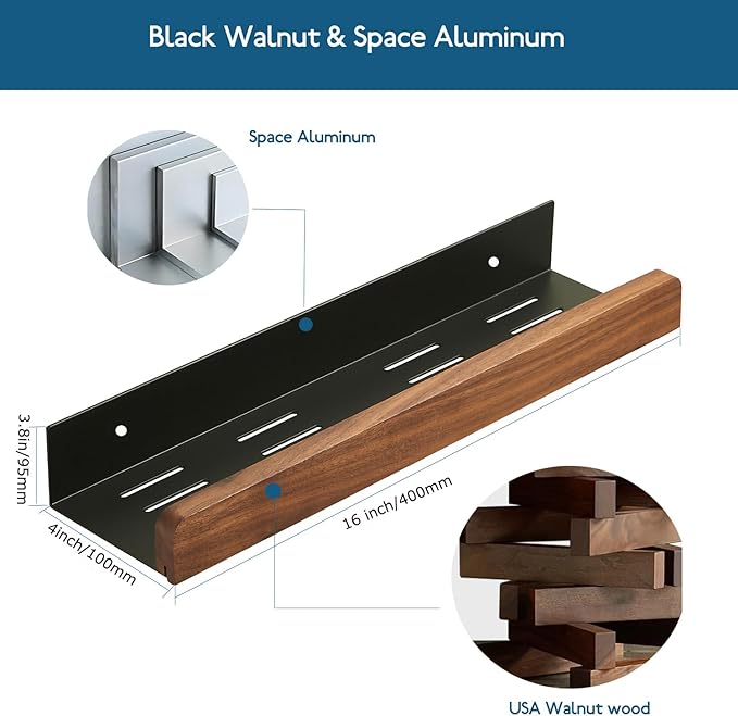 Walnut Wooden Floating Shelves for Wall,2 Pack Farmhouse Natural Wood Small Shelf with Border Over Toilet,Space Saving Bathroom and Kitchen Storage Organizer (16 Inch)