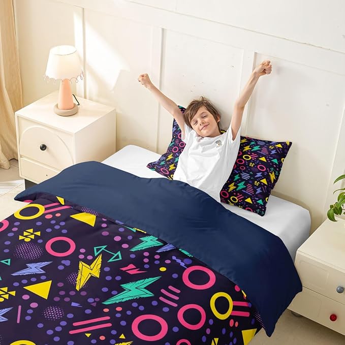 Retro 80s Style Bedding Set Twin,Abstract Geometric Pattern Duvet Cover Urban Modern Design with Circles and Triangle Comforter Cover Colorful Pop Art Inspired Pattern Quilt Cover for Boys Child