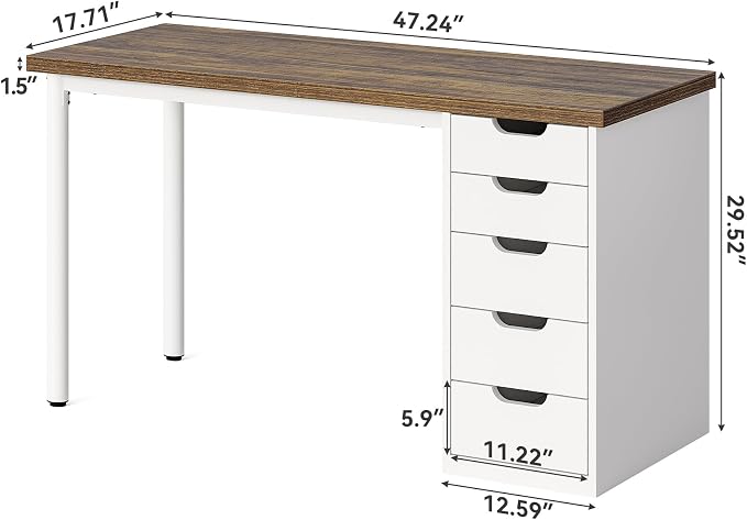 LITTLE TREE Computer Desk with 5 Drawers, 47 Inch Modern Simple Study Writing Desk with Metal Frame, Work Desk for Home Office, Rustic Brown and White