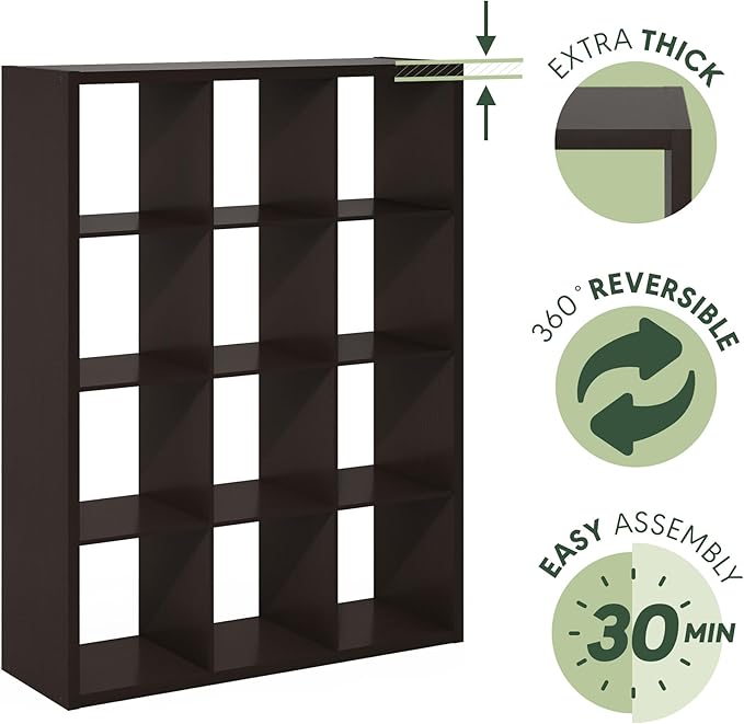 Furinno Cubicle Book Shelf, 12-Cube Bookshelf, Extra Thick Frame Reversible Bookcase with Open Back, 14.6" x 44" x 58", for Living Room, Bedroom, Home Office, Black Dark Oak