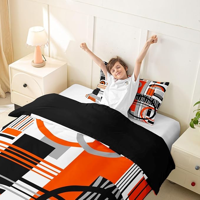 Erosebridal Art Deco Mid Century Duvet Cover Set Retro Modern Abstract Geometric Girl Toddler Bedding Set for Little Boys Black and White Orange Circles Stripes Comforter Cover Contemporary Bed Sets