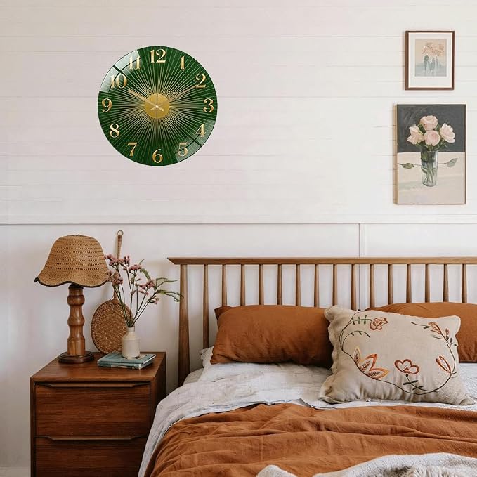 24 Inch Green Sunburst Glass Wall Clock Silent Art Decor | Silent glossy clock with an emerald green sunburst and gold numbers, elegantly tracking time for your living room
