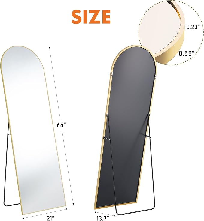 OLIXIS 64"x 21.5" Arched Mirror Full Length, Full Body Mirror with Stand, Hanging or Leaning for Wall, Floor Standing with Shatter-Proof Glass for Bedroom, Living Room, Long, Gold