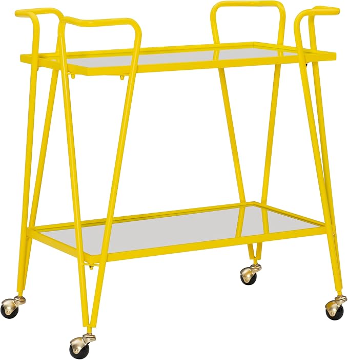 Linon Gina Yellow Mid Century Bar Cart with Mirrored Shelves