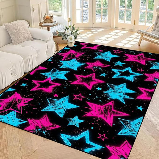 5'x7' Neon Star Area Rug Black Pink and Blue Floor Mat Abstract Star Print Rugs Washable Non-Slip Carpet for Bedroom Living Room Nursery Kitchen Playroom Home Decor