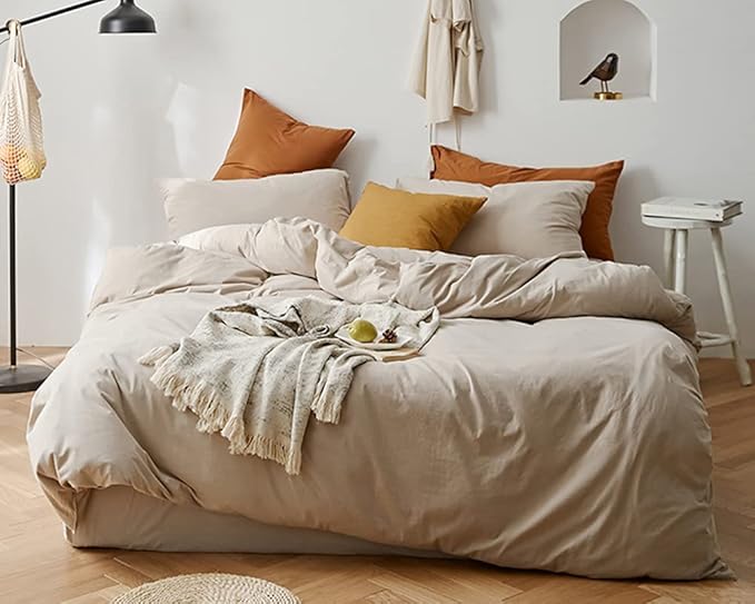 Omelas Beige Duvet Cover Full Size Khaki Birch Apricot Modern Minimalist Style Color Bedding Sets 3 Pieces Soft Lightweight Microfiber Comforter with Zipper Closure for Women Men WJL-OMUS-SJT-BE-Full