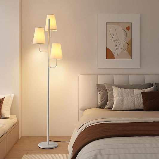 Traditional Floor Lamp for Living Room: 3 Light Linen Country Rustic Floor Lamp for Bedroom, White Standing Lamp with Foot Switch, Country Rustic Tall Lamp, No Bulb