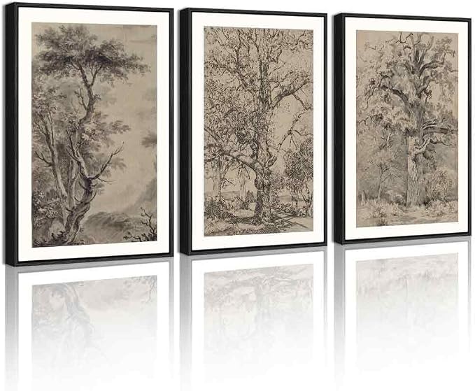 KUVIOKE Vintage Tree Framed Wall Art Retro Antique Forest Drawings Nature Wilderness Sketch Wall Painting Modern Decor 12x16in (Black Framed)