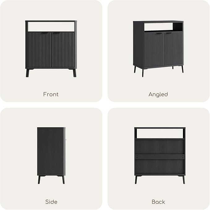 Buffet Sideboard Cabinet with Storage, Fluted Coffee Bar with 2 Doors and Adjustable Shelves, 34'' Modern Wood Cabinet for Dinning Room, Kitchen, Living Room,Coffee Bar (Black Grey)