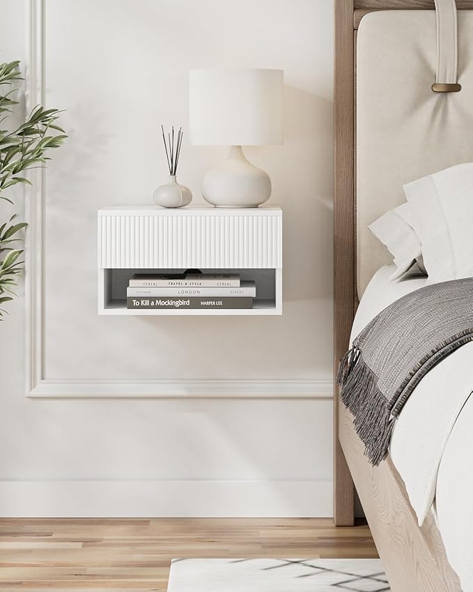 Modern Small Nightstand with Drawer, Floating Shelves for Bedroom, Bathroom (White Stripe)