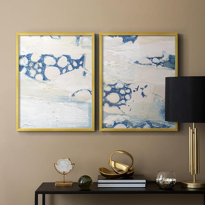 Renditions Gallery Set of 2 Peel & Stick Framed Prints, Textured Abstract Wall Art, Beach Themed Bubble Design Wall Decor, Re-Stickable - Ready to Hang - 16"x20" - GOLD Frame LT588